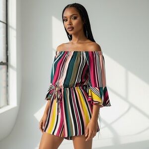 Multicolor striped off the shoulder flutter sleeve romper